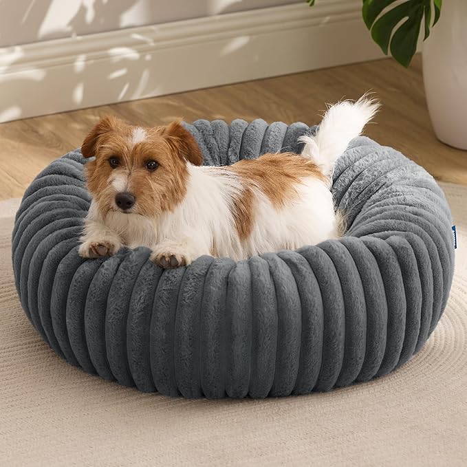 Bedsure ComfyFleece Donut Small Dog Bed - Dog Beds for Small Dogs with Corduroy Fleece & Anti Slip Bottom, Round Faux Fur Pet Beds with Washable Removable Cover, Warm Grey, 27x27x8 inches