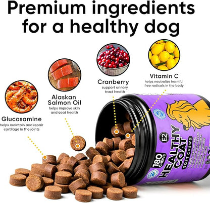 Omega 3 Fish Oil Chews for Dogs – Skin & Coat Supplement for Dog Allergy Chews- Anti Itch for Dogs - Soothes Itchy Skin & Shedding with Salmon - EPA & DHA - Chicken Flavor - 180 Chews for Daily Care
