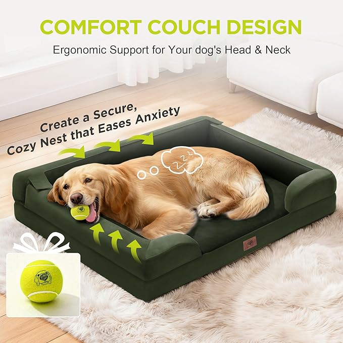 Orthopedic Dog Bed for Extra Large Dogs, XXL Waterproof Egg Crate Memory Foam Pet Bed Bolsters with Removable Washable Cover & Non-Slip Bottom, Tennis Ball Toy, 45x35