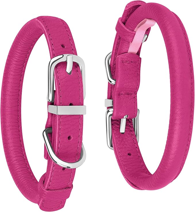 OOPSDOGGY Rolled Leather Dog Collar Soft Roll Collars for Small Medium Large Dogs Puppy (Pink, XS, 8"-11")