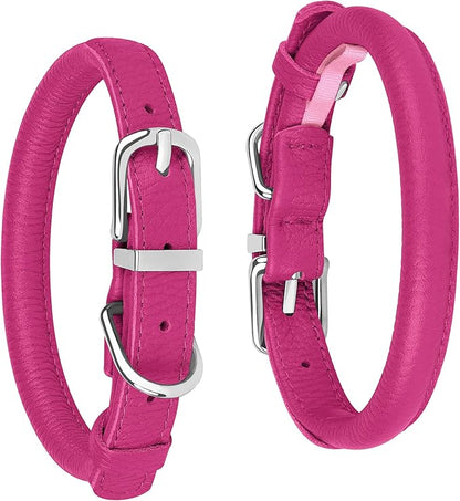 OOPSDOGGY Rolled Leather Dog Collar Soft Roll Collars for Small Medium Large Dogs Puppy (Pink, XS, 8"-11")
