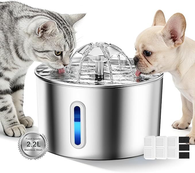 Cat Water Fountain Stainless Steel - 74oz/2.2L Pet Gift Dog Water Dispenser Automatic Silent Cats Dispenser for Drinking Indoor Metal Kitty Spout Fountains with 3 Filters & 3 Sponges Cat Dogs Gifts