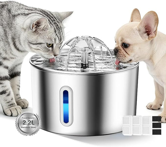 Cat Water Fountain Stainless Steel - 74oz/2.2L Pet Gift Dog Water Dispenser Automatic Silent Cats Dispenser for Drinking Indoor Metal Kitty Spout Fountains with 3 Filters & 3 Sponges Cat Dogs Gifts