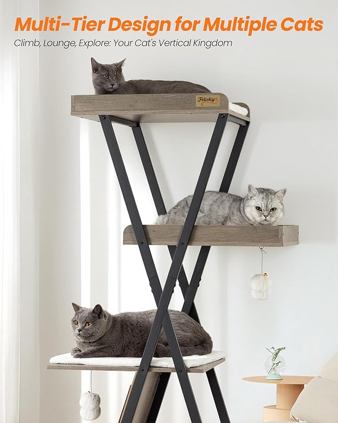Modern Wood Cat Tree Tower for Indoor Cats Large Adult - 67 Inch Tall Multi-Level Heavy Duty Cat Condo Trees Furniture with Caves Perch Bed Scratching Board - XL Big Sturdy Wooden Kitty Climbing House