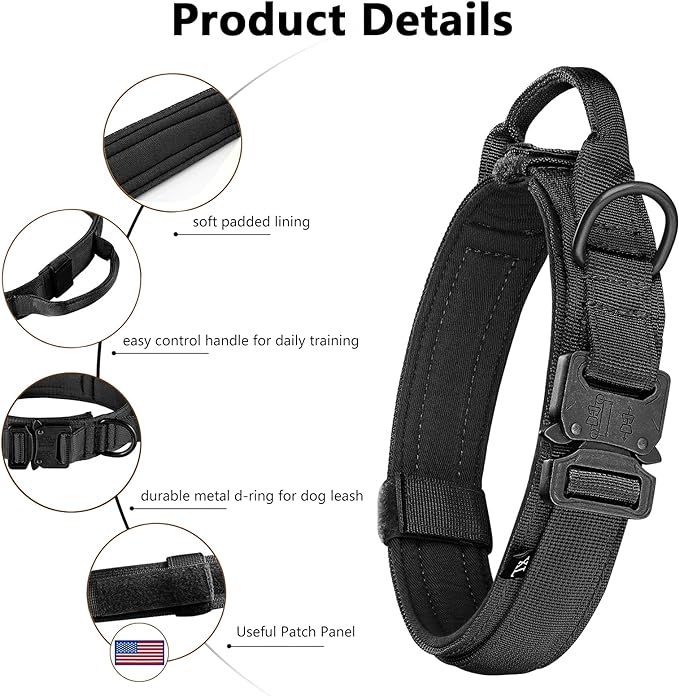 DAGANXI Tactical Dog Collar, Adjustable Military Training Nylon Dog Collar with Control Handle and Heavy Metal Buckle for Medium and Large Dogs, with Patches and Airtags Case (S, Black-Set)