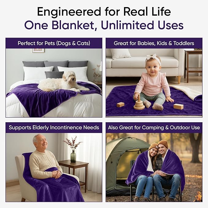 Waterproof Pet Blanket, Liquid Pee Proof, Sherpa Fleece Protector – Pet Hair Resistant Water Proof Bed Cover for Dogs Couch Sofa Car Bedding Comforter (Purple, 40"x60")