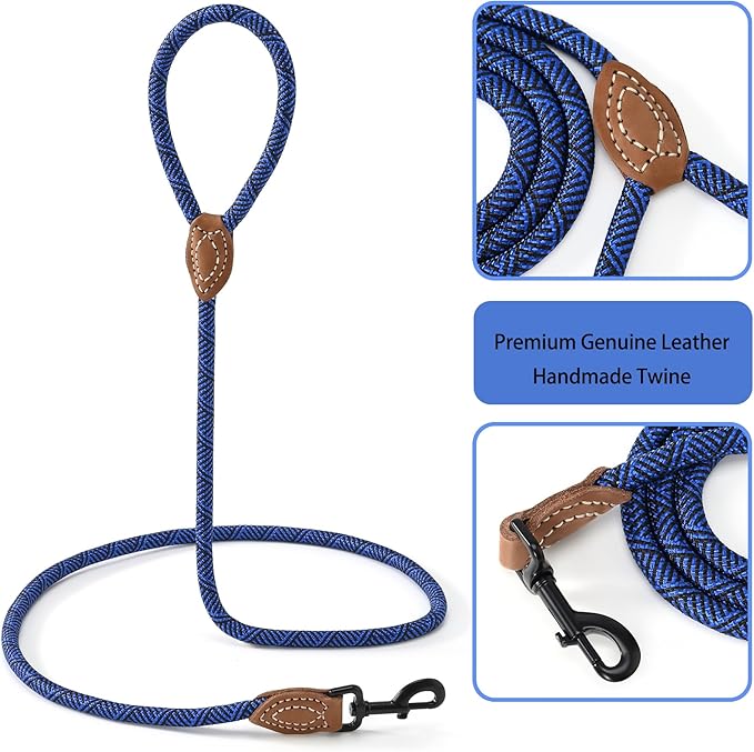 Mile High Life Rope Leash with Genuine Leather Connection, 6 FT/5 FT/4 FT, Heavy Duty Leash for Medium & Large Dogs (Blue, 60 Inch)