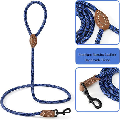 Mile High Life Rope Leash with Genuine Leather Connection, 6 FT/5 FT/4 FT, Heavy Duty Leash for Medium & Large Dogs (Blue, 48 Inch)