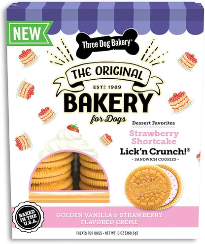 Three Dog Bakery Lick’n Crunch! Strawberry Shortcake Dog Treats, Crunchy Sandwich Cookies with Real Strawberries & Vanilla Cream Filling, 13 oz