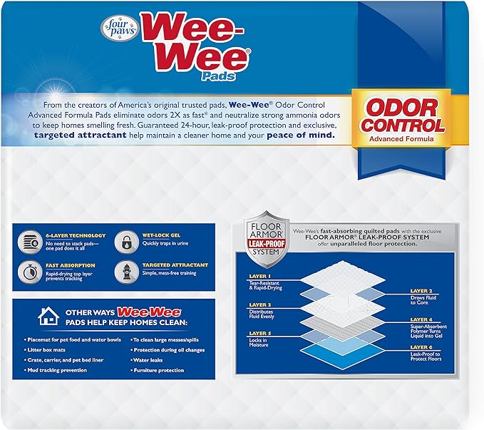 Four Paws Wee-Wee Odor Control Advanced Formula Unscented Pee Pads for Dogs & Puppies, Leak-Proof Housebreaking Potty Training Floor Protection, 22" x 23", 100 Count