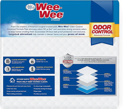 Four Paws Wee-Wee Odor Control Advanced Formula Unscented Pee Pads for Dogs & Puppies, Leak-Proof Housebreaking Potty Training Floor Protection, 22" x 23", 100 Count