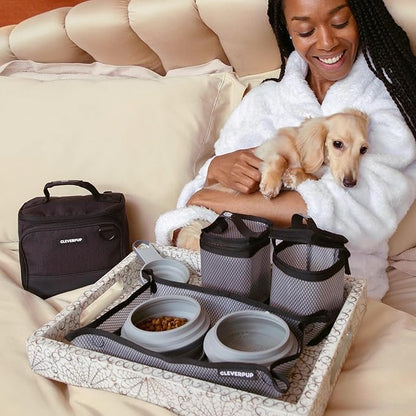 Cleverpup, Small 7-Piece Bistro Box Dog Food Travel Kit, 6-Cup Kibble Storage, 2 Silicone Bowls, Mat & Scoop - Premium Portable Pet Food Kit for Weekends, Overnights, Daycare & Camping, Graphite