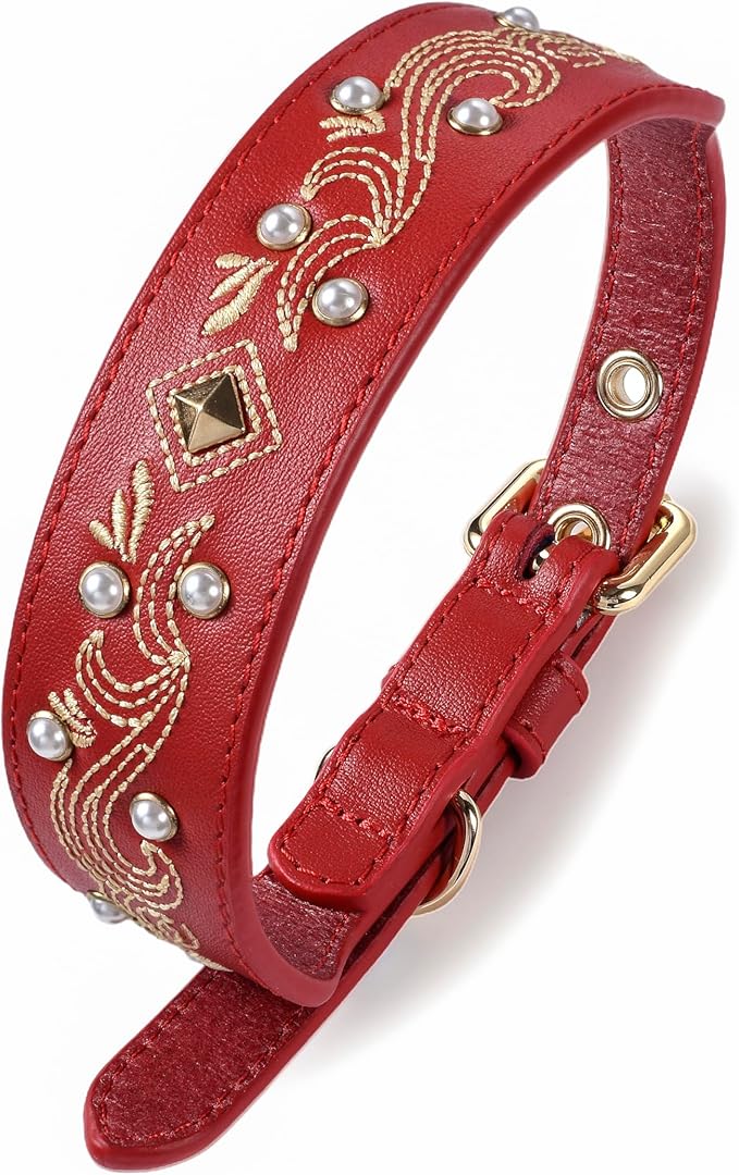 Blueberry Pet Western Leather Dog Collar - Genuine Leather with Floral Embroidery & Pearl Studs Adjustable 12-15 Inch Neck for Small Dogs, Comfortable and Stylish Pet Collar