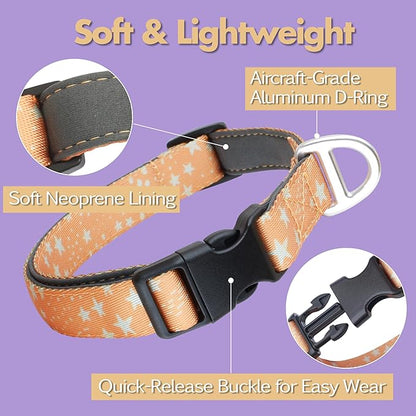 Fall Dog Collar, Cute Star Pattern Brown Collars for Girl & Boy,Reflective,Soft Padded Neoprene,Fully Adjustable,Durable & Lightweight Large Dog Collar, (Star, L)