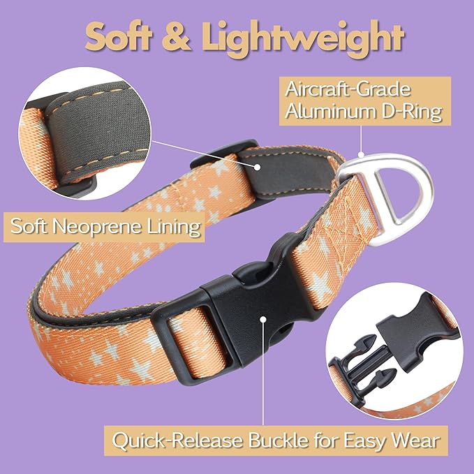 Fall Dog Collar, Cute Star Pattern Brown Collars for Girl & Boy,Reflective,Soft Padded Neoprene,Fully Adjustable,Durable & Lightweight Medium Dog Collar, (Star, M)