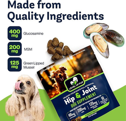 LVL Up Pup Dog Joint Supplement for Senior Dogs – Hip & Joint Supplement for Dogs with Glucosamine, Chondroitin, MSM – Dog Supplement for Large Breed – Joint Health Chews