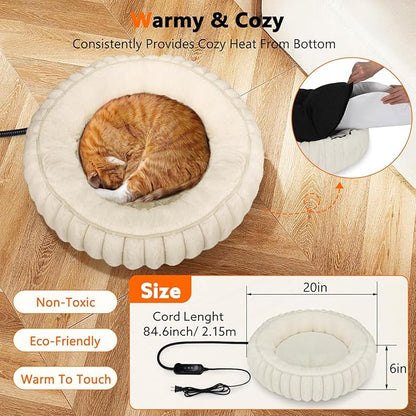 INVENHO Heated Cat Beds for Indoor Cats and Small Dogs, 20" Cozy Donut Heated Pet Bed with Timer & Temp Adjustable, Removable Waterproof Electric Warming Bed for Indoor Cat