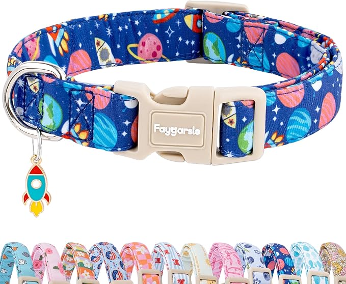 Faygarsle Space Theme Dog Collar, Navy Blue with Rockets and Planets Pattern for Summer Small Medium Large Dogs M