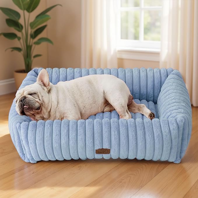 Bedsure ComfyFleece Washable Dog Bed for Medium Dogs - Cute Furry Puppy Beds, Rectangle Orthopedic Corduroy Fleece Pet Beds with Removable Zipper Cover, 30x24x8inches, Blue