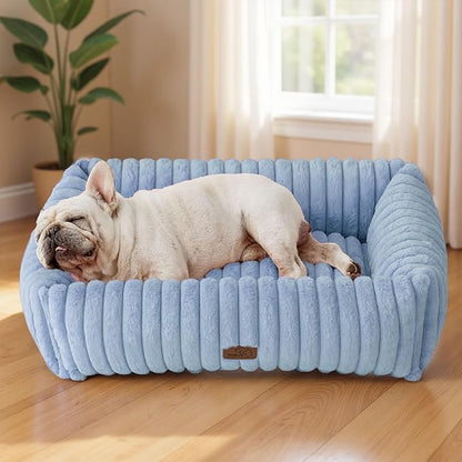 Bedsure ComfyFleece Washable Dog Bed for Medium Dogs - Cute Furry Puppy Beds, Rectangle Orthopedic Corduroy Fleece Pet Beds with Removable Zipper Cover, 30x24x8inches, Blue