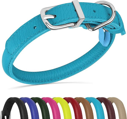 OOPSDOGGY Rolled Leather Dog Collar Soft Roll Collars for Small Medium Large Dogs Puppy (Blue, XXL, 20"-24")