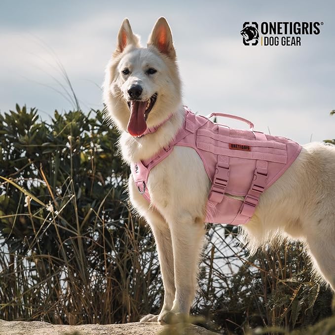 OneTigris Tactical Dog Harness for Small Dog, No Pull Small Dog Vest Harness with Handles Breathable Military Molle Vests for Walking Hiking Training (Pink, Large)