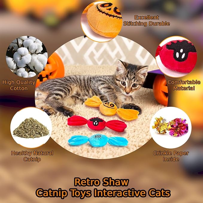 Retro Shaw Cat Toys,Kitty Bundle Candy Catnip Toys with Crinkle Sound Inside,3PCS Sweet Treats Cat Toy, Trick or Treat for Kitten Toys,Interactive Indoor Kitty Kicker for All Breeds