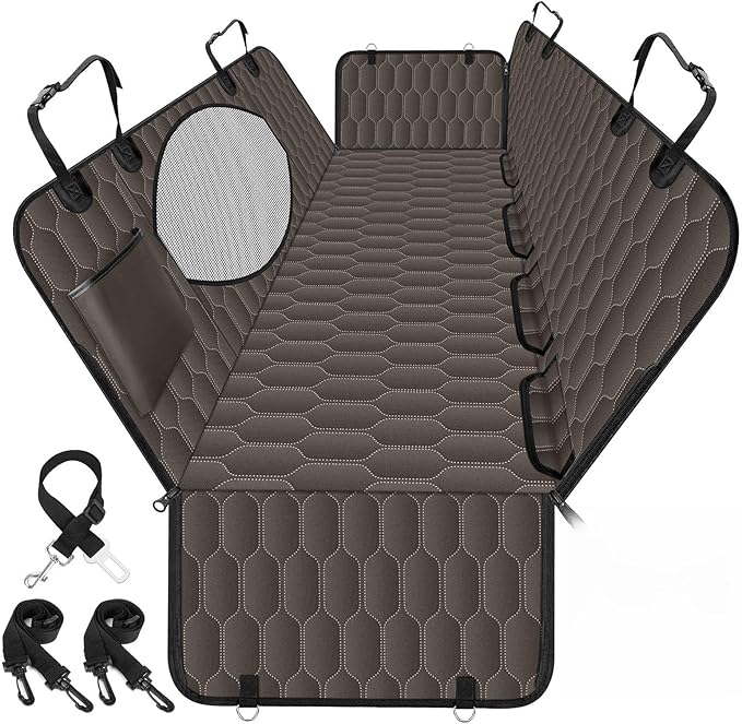NECKORY Waterproof Dog Car Seat Cover - Scratch Proof Nonslip Back Seat Hammock with Mesh Window & Storage Pocket for SUVs/Trucks/Sedans-S, Brown/Black