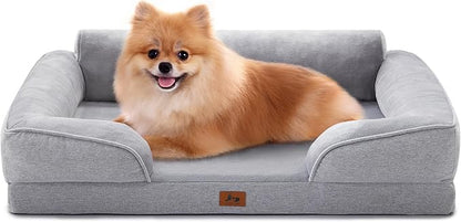 Warmrest Orthopedic Dog Beds for Medium Size Dogs, Waterproof Egg-Crate Foam Pet Couch Bed with Soft Sides, Non-Slip Dog Sofa with Flannel Removable Washable Cover, 28" Supportive Pet Sofa, Light Grey
