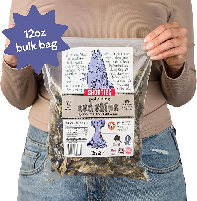 Polkadog Cod Skins for Dogs (12oz Shortie) - Single Ingredient, Wild-Caught Fish Skin Dog Treats for All Breeds – High in Lean Protein & Omega-3. Hypoallergenic, Grain Free. Handcrafted & Made in USA