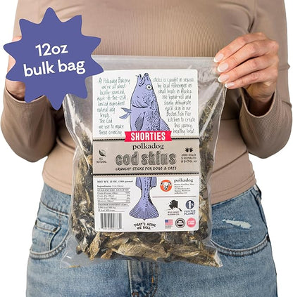 Polkadog Cod Skins for Dogs (12oz Shortie) - Single Ingredient, Wild-Caught Fish Skin Dog Treats for All Breeds – High in Lean Protein & Omega-3. Hypoallergenic, Grain Free. Handcrafted & Made in USA
