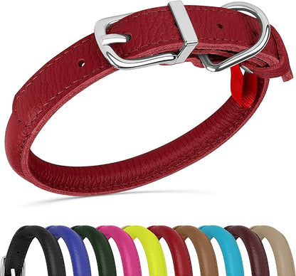 OOPSDOGGY Rolled Leather Dog Collar Soft Roll Collars for Small Medium Large Dogs Puppy (Red, XXS, 7"-9")