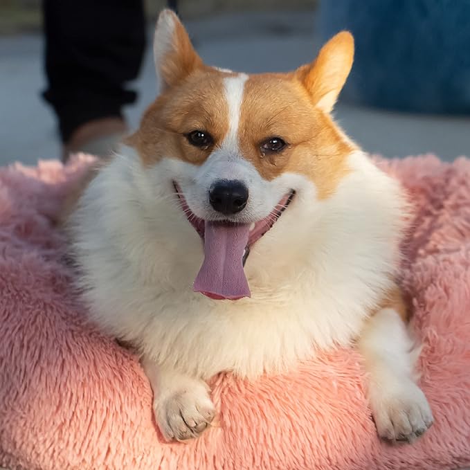 Calming Dog Bed for Medium Dogs Washable Donut 30 inches Anti-Slip Pet Bed,Round Fluffy Plush Faux Fur Cat Bed,Fits up to 45 lbs Pets,Pink