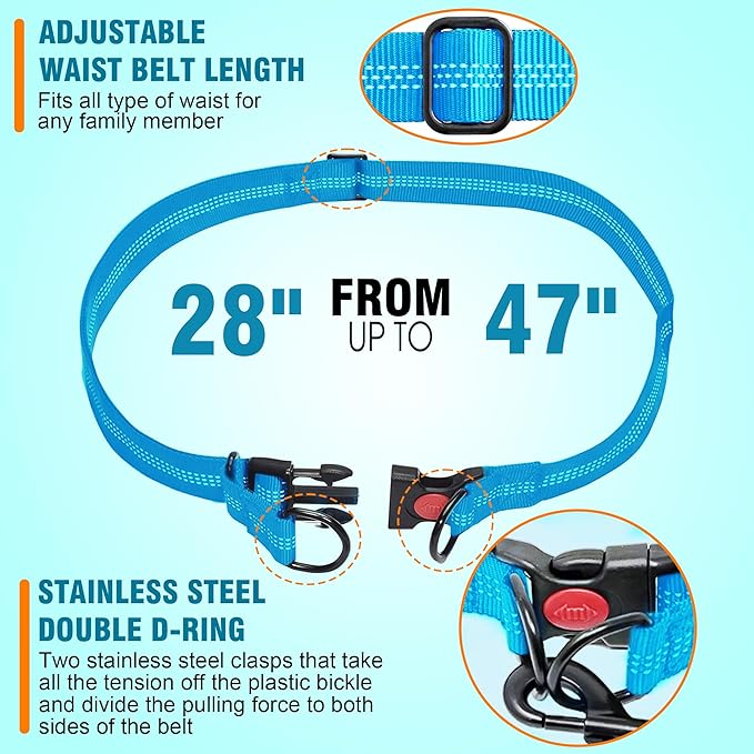 Hands Free Dog Leash with Waist Belt – No-Pull Bungee, Dual Padded Handles & Zipper Pouch for Running, Walking & Training – Adjustable Waist Leash for Large & Medium Dogs (Sky Blue)