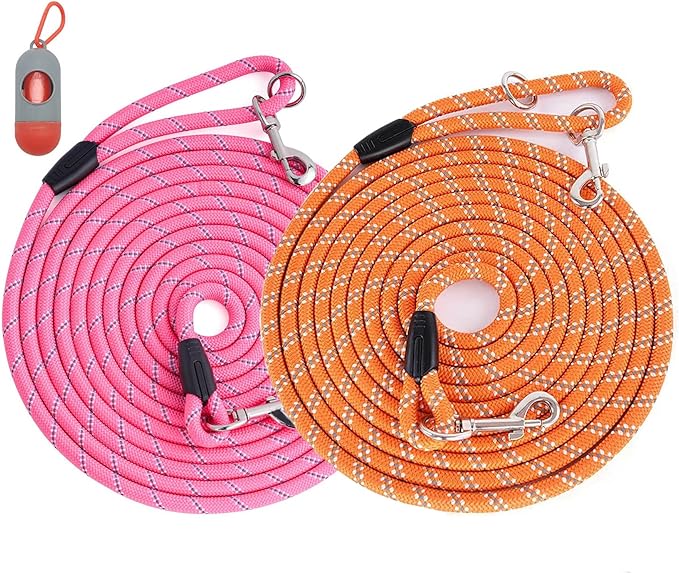 (2 Pack) Long Dog Leash for Dog Training 16FT/20FT/30FT/50FT, ReflectiveHeavy Duty Dog Lead for Large Medium Small Dogs Outside Walking, Playing, Camping, or Yard,Orange&Pink 50FT