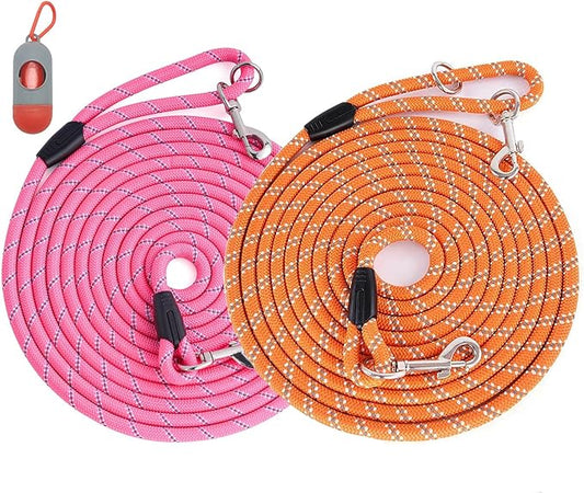 (2 Pack) Long Dog Leash for Dog Training 16FT/20FT/30FT/50FT, ReflectiveHeavy Duty Dog Lead for Large Medium Small Dogs Outside Walking, Playing, Camping, or Yard,Orange&Pink 50FT