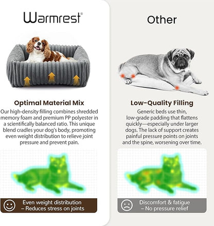 Warmrest Washable Dog Bed for Small Medium Dogs - Rectangle Orthopedic Corduroy Fleece Pet Bed with Removable Cover and Nonskid Bottom, Calming Puppy Bed Soft Pet Sofa, Grey(25x21x7inchs)