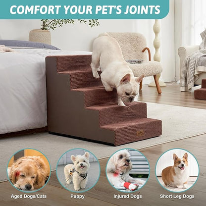 COZY KISS Dog Stairs for Small Dogs 5-Step, 19.7" Extra Wide Right-Angle Pet Stairs for Couch and Beds, Anti-Slip Dog Steps for Old Cats and Lowrider, 19.7x29.5x23.6 inch, Brown