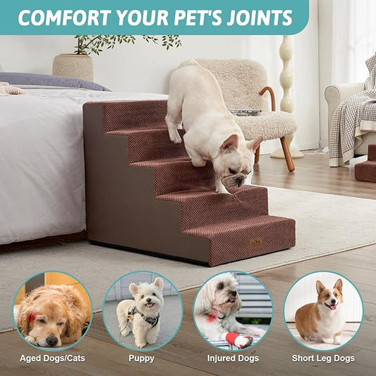 COZY KISS Dog Stairs for Small Dogs 5-Step, 19.7" Extra Wide Right-Angle Pet Stairs for Couch and Beds, Anti-Slip Dog Steps for Old Cats and Lowrider, 19.7x29.5x23.6 inch, Brown