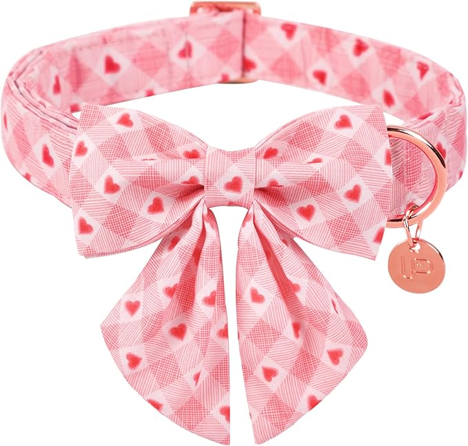 UP URARA PUP Valentine Dog Collar with Bow Tie, Medium Girl Dog, Cotton with Metal Buckle, Valentine's Day Gift, M, 13.5-22in, Pink Plaid