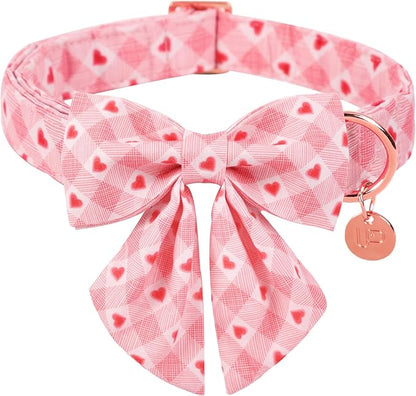 UP URARA PUP Valentine Dog Collar with Bow Tie, Valentine Bowtie Collar for Puppy Girl Dog or Cat, Cotton Collar with Metal Buckle, Valentine’s Gift Pet Collar, XS, Pink Plaid