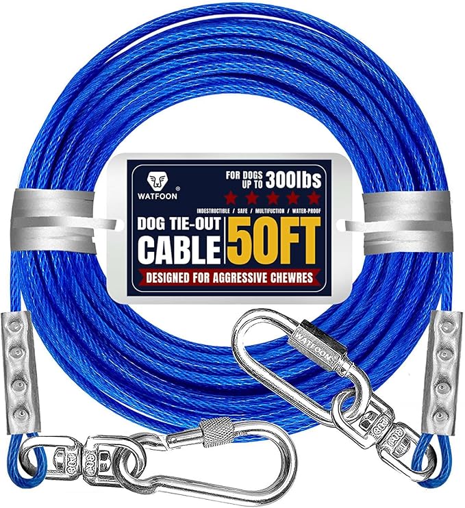 Tie Out Cable for Dogs Up to 300lbs,50ft Extra Strong 1000lbs Break Strength Tie-Out Tether Trolley Training Lead,Dog Run Cable for Yard Garden Park Camping Outside (Reflective Blue, 300lbs 50ft)