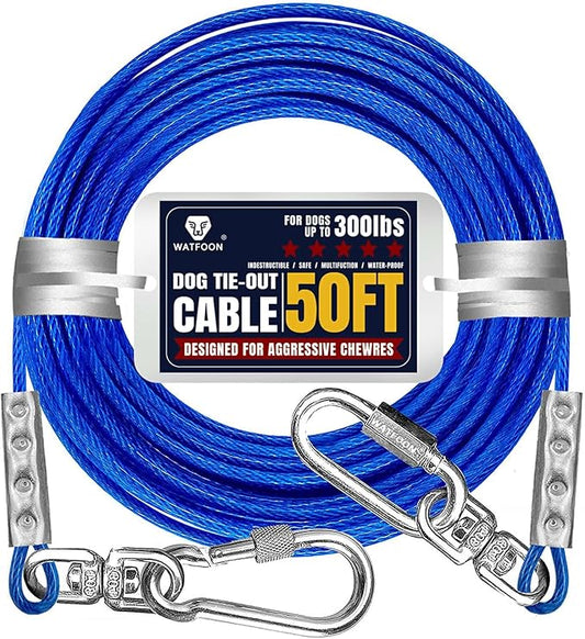 Tie Out Cable for Dogs Up to 300lbs,50ft Extra Strong 1000lbs Break Strength Tie-Out Tether Trolley Training Lead,Dog Run Cable for Yard Garden Park Camping Outside (Reflective Blue, 300lbs 50ft)