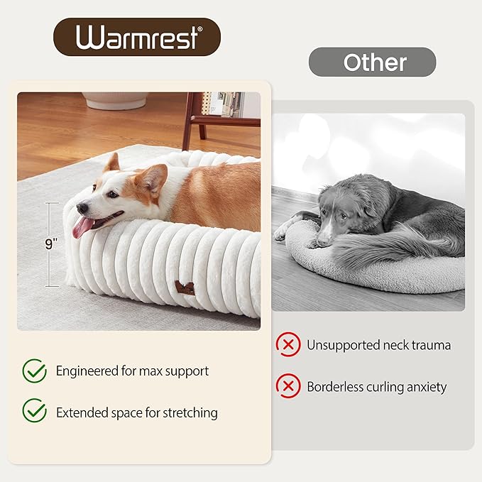 Warmrest Washable Dog Bed for Small Medium Dogs - Rectangle Orthopedic Corduroy Fleece Pet Bed with Removable Cover and Nonskid Bottom, Calming Puppy Bed Soft Pet Sofa, Cream(35x25x9inchs)