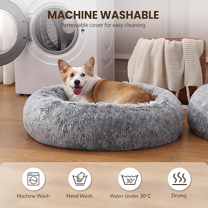 Warmrest Donut Dog Bed Medium Size Dog 30 Inch, Round Cat Beds for Small Medium Dogs and Cats with Washable Fluffy Faux Fur, Cute Comfort Pet Bed with Anti-Slip Bottom, Grey