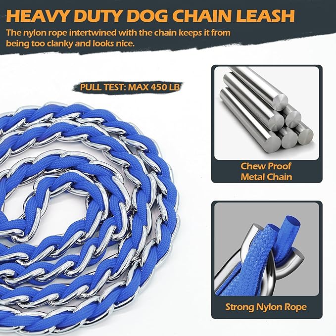 Chain Dog Leash Chew Proof Metal Leash for Medium Large Dogs, Chain Link Dog Leash Anti Chew 5.2FT Strong Anti Bite Dog Leash Comfortable Soft Padded Handle Blue 3.0