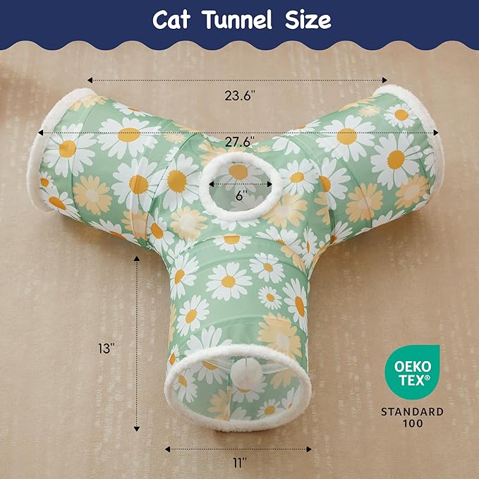 Tempcore Pet Cat Tunnel Tube Cat Toys 3 Way Collapsible, Cat Tunnels for Indoor Cats，Kitty Tunnel Bored Pet Toys Peek Hole Toy Ball Puppy, Kitty, Kitten, Rabbit Daisy Green Printed