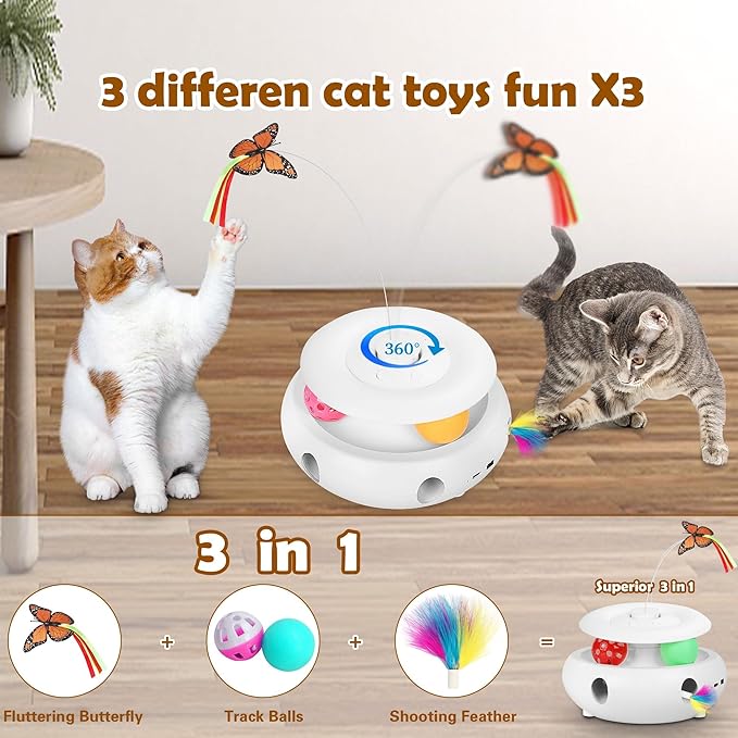 Scsuupoee Cat Toys,3-in-1 Interactive Cat Toys for Indoor Cats,Rechargeable Automatic Interactive Cat Toy with Fluttering Butterfly,Smart Sensor 6 Holes Mice Whack-A-Mole and Track Balls, White