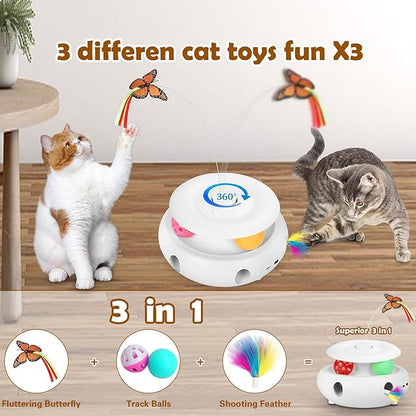 Scsuupoee Cat Toys,3-in-1 Interactive Cat Toys for Indoor Cats,Rechargeable Automatic Interactive Cat Toy with Fluttering Butterfly,Smart Sensor 6 Holes Mice Whack-A-Mole and Track Balls, White