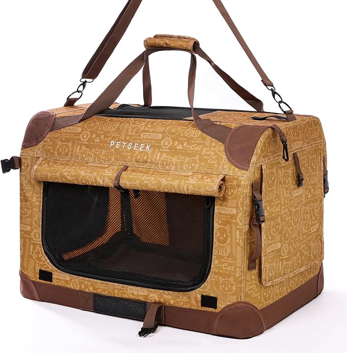 Petseek Extra Large Cat Carrier Soft Sided, Portable Small Dog Carrier for 2 Cats, 24"x16.5"x16" Car Travel Folding Comfortable Design, Yellow